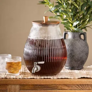 Wood and Ribbed Glass Drink Dispenser